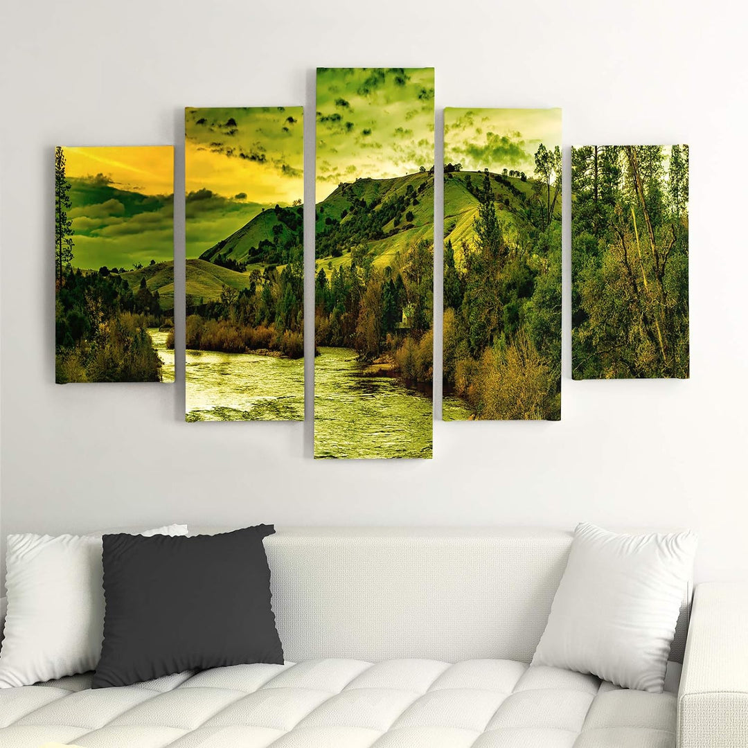 Wandbild Natur 250x120 cm Deco Panel 5 Teilig XXL Kunstdruck Fluss Wald grün Deco Panel XXL 250x120