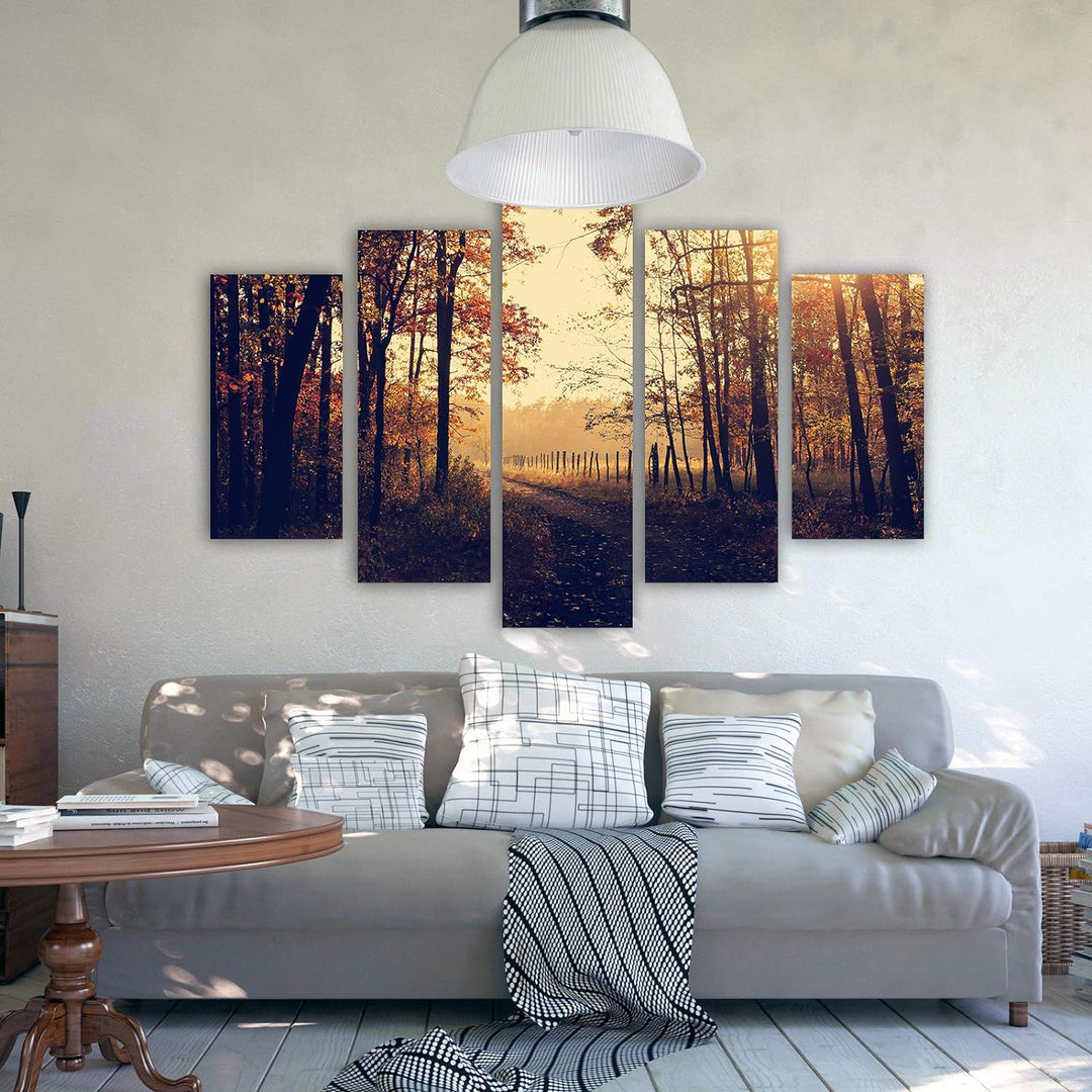 Bild auf Leinwand Landschaft 5 Teilig Modern Wald Weg Herbst orange 150x100 cm Leinwandbild 150x100