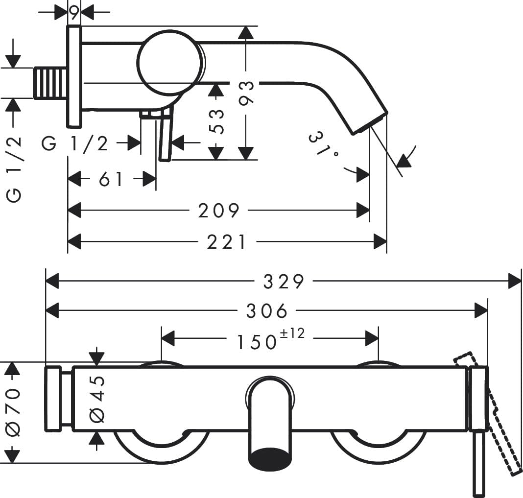 hansgrohe Tecturis S - Badewannenarmatur Aufputz für 2 Verbraucher, Mischbatterie Badewanne mit Ausl