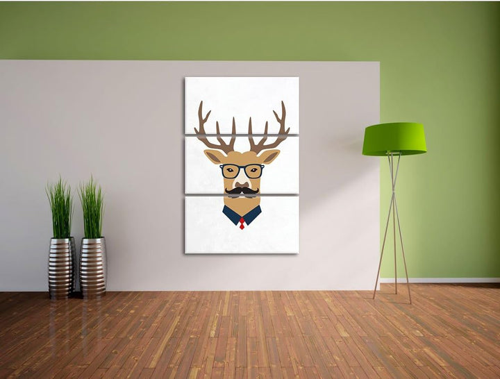 Pixxprint Hipster Hirsch weiss 3-Teiler Leinwandbild 120x80 Bild auf Leinwand