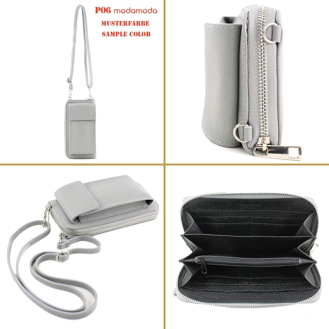 modamoda de - P06 - ital. Damen Umhängetasche Geldbörse Handytasche Leder Olivgrün, Olivgrün