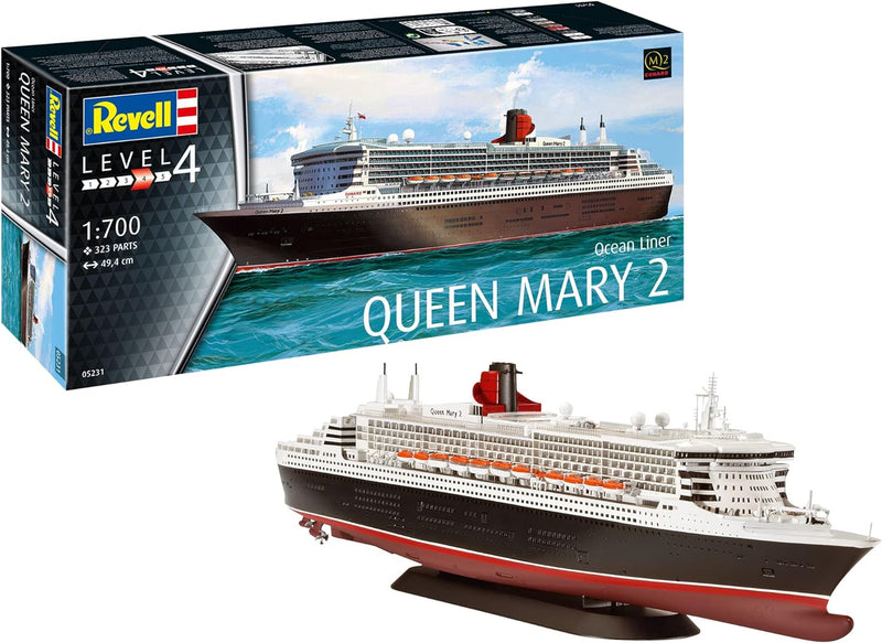 Revell 05231 1:700-Queen Mary 2 originalgetreuer Modellbausatz für Fortgeschrittene, unlackiert, Mit