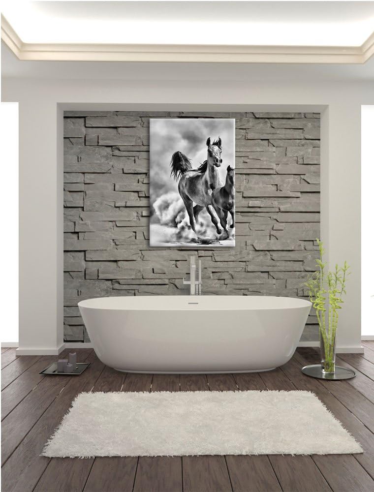 Pixxprint Monocrome, Western Pferde in Wüste mit Fohlen, Format: 100x70 auf Leinwand, XXL riesige Bi