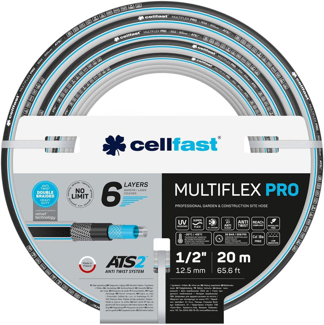 Cellfast Gartenschlauch MULTIFLEX PRO, Strapazierfähig, 6-lagig, Trikotgeflecht ATS2, UV und Algenbe