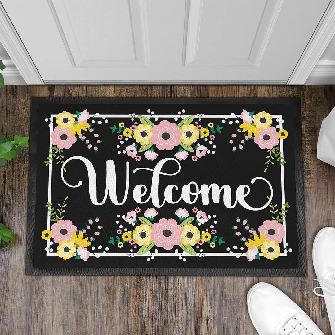Trendation - Welcome Fussmatte Blumen Muster Grafik Geschenk Neue Wohnung Willkommen Aussen und Inne