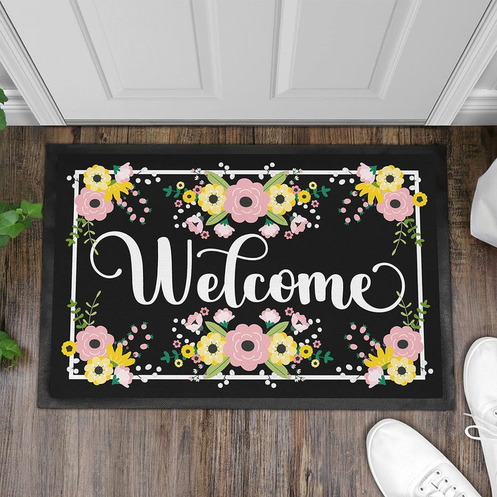 Trendation - Welcome Fussmatte Blumen Muster Grafik Geschenk Neue Wohnung Willkommen Aussen und Inne