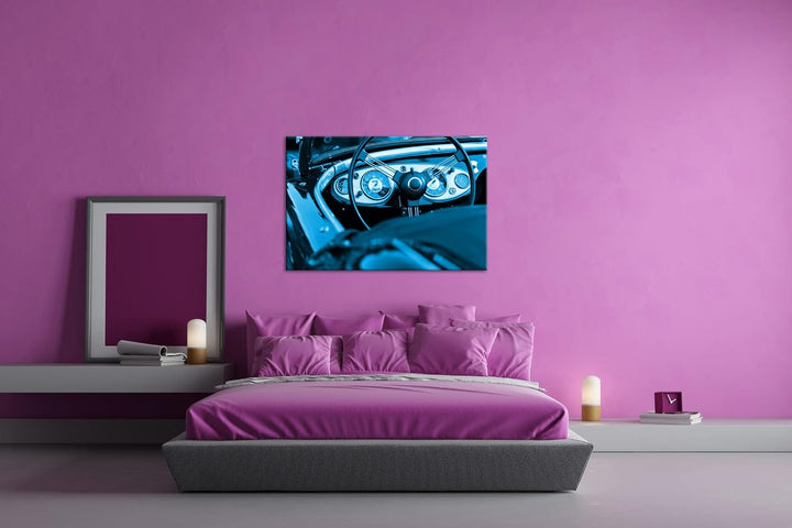 deyoli Roter Cabrio Oldtimer Format 80x60 Effekt: Monocrome Blau als Leinwandbild, Motiv fertig gera