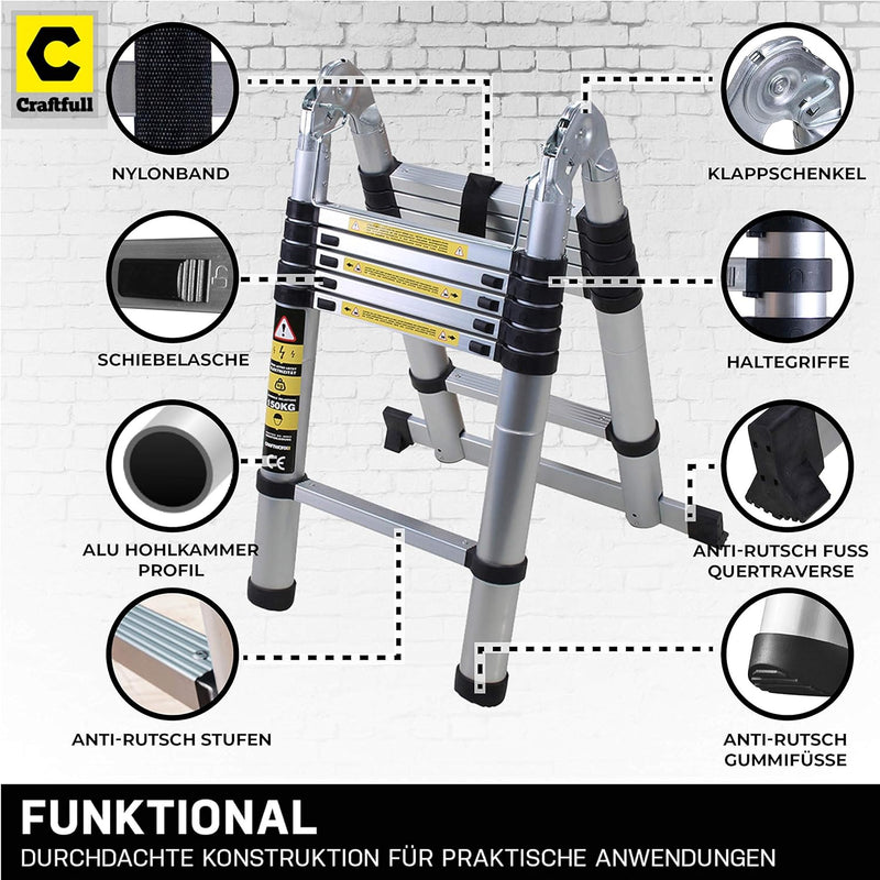 𝐂𝐑𝐀𝐅𝐓𝐅𝐔𝐋𝐋 Alu Teleskopleiter Klappleiter CF-102A - 𝟑 𝐉𝐀𝐇𝐑𝐄 𝐆𝐀𝐑𝐀𝐍𝐓𝐈𝐄 - Tragetasche - Leiter - Anlegel
