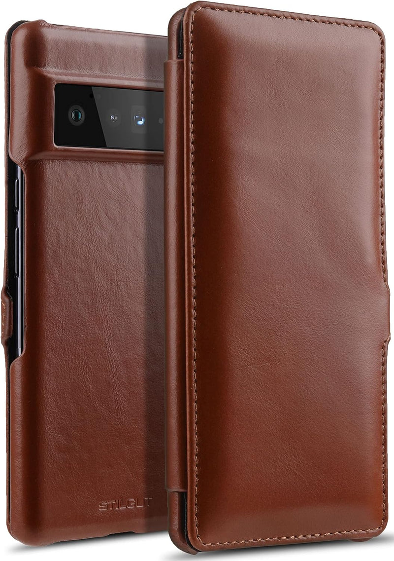 STILGUT Book Case kompatibel mit Google Pixel 6 Pro Hülle aus Leder mit Clip-Verschluss, Lederhülle,