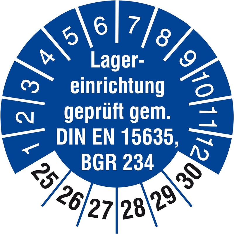 1000 Prüfetiketten 30 mm Lagereinrichtung geprüft DIN EN 15635 BGR 234 2025-2030 Prüfplaketten 1000