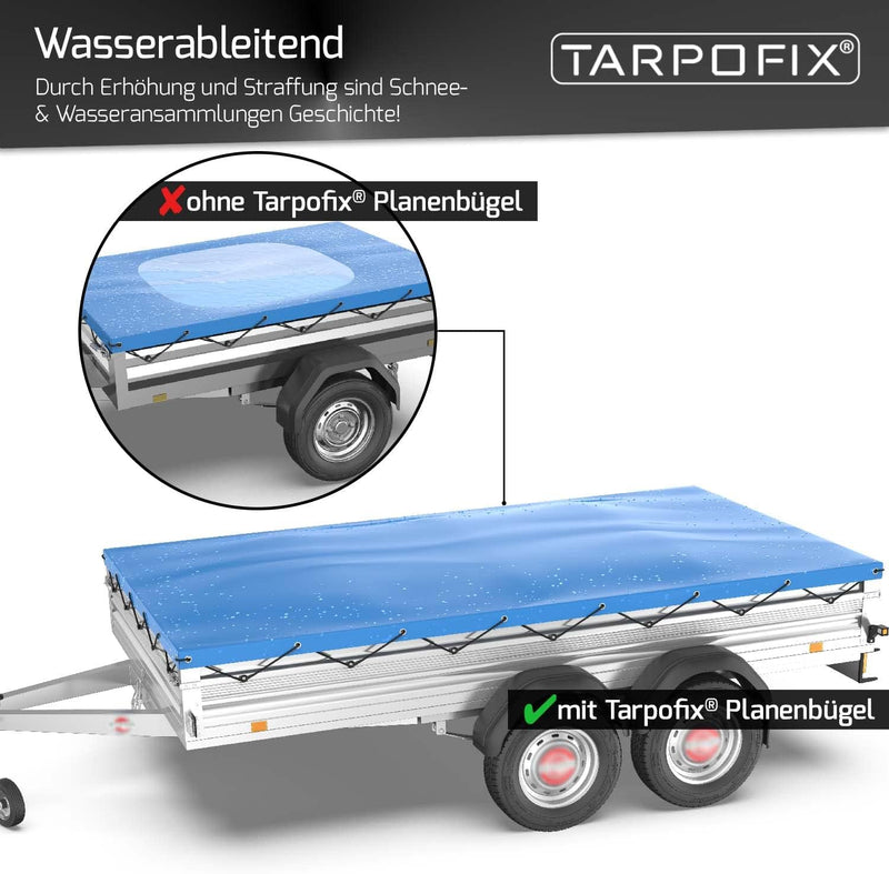 Tarpofix® Anhängerplane Flachplane 264 x 135 x 7,5 cm + 3X Planenbügel (verstellbar 100-145 cm) - ra