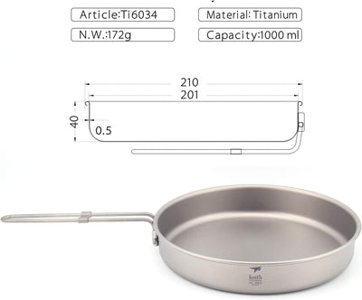 Keith Ti6034 Titanium Frying Pan Outdoor Camping Cooking Picnic Backpacking Cookware with Foldable H