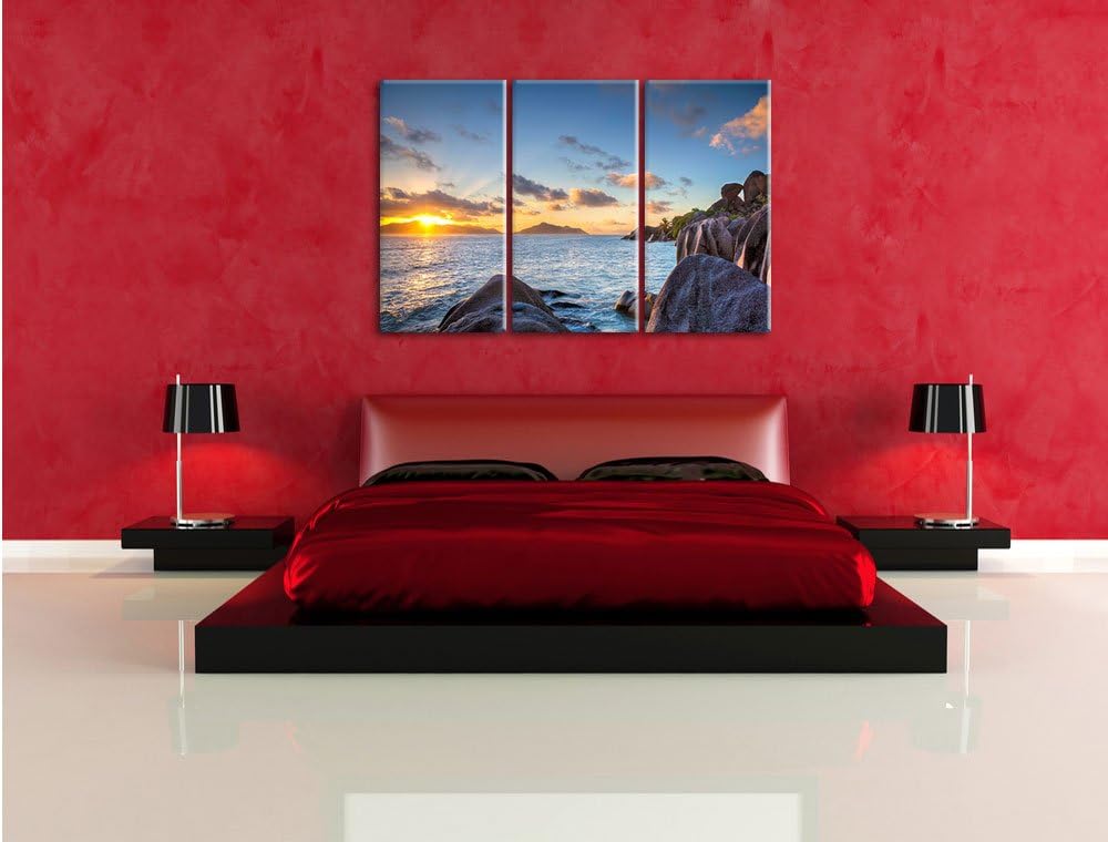 Pixxprint Sonnenuntergang Seychellen als Leinwandbild | Grösse: 3 Teilig (120x80) | Wandbild| Kunstd