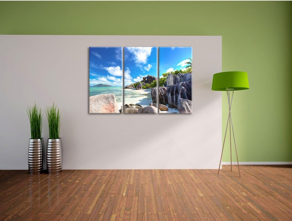Pixxprint Seychellen Strand als Leinwandbild | Grösse: 3 Teilig (120x80) | Wandbild| Kunstdruck | fe