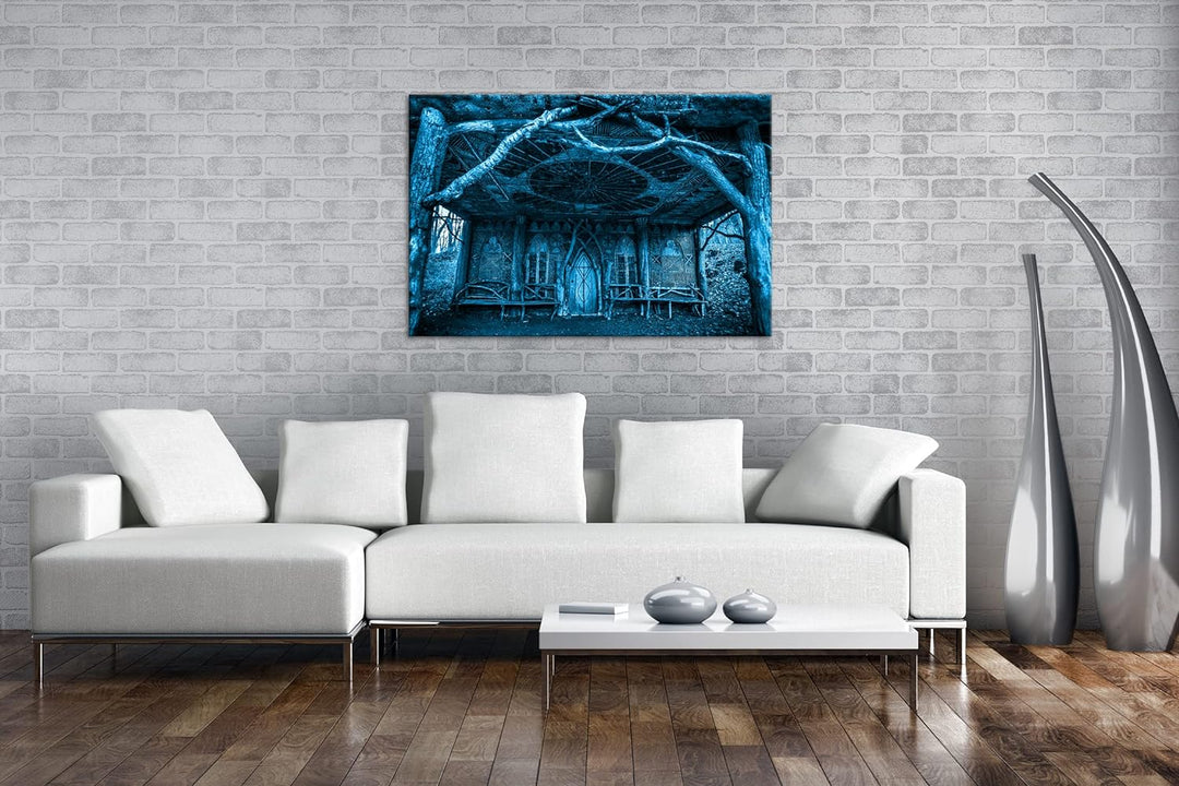 deyoli Herbstliche Holzhütte Format: 80x60 Effekt: Monocrome Blau als Leinwandbild, Motiv fertig ger