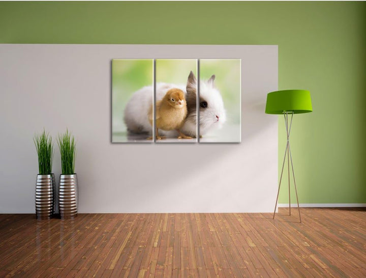 Pixxprint kleines Küken mit süssem Häschen 3-Teiler Leinwandbild 120x80 Bild auf Leinwand
