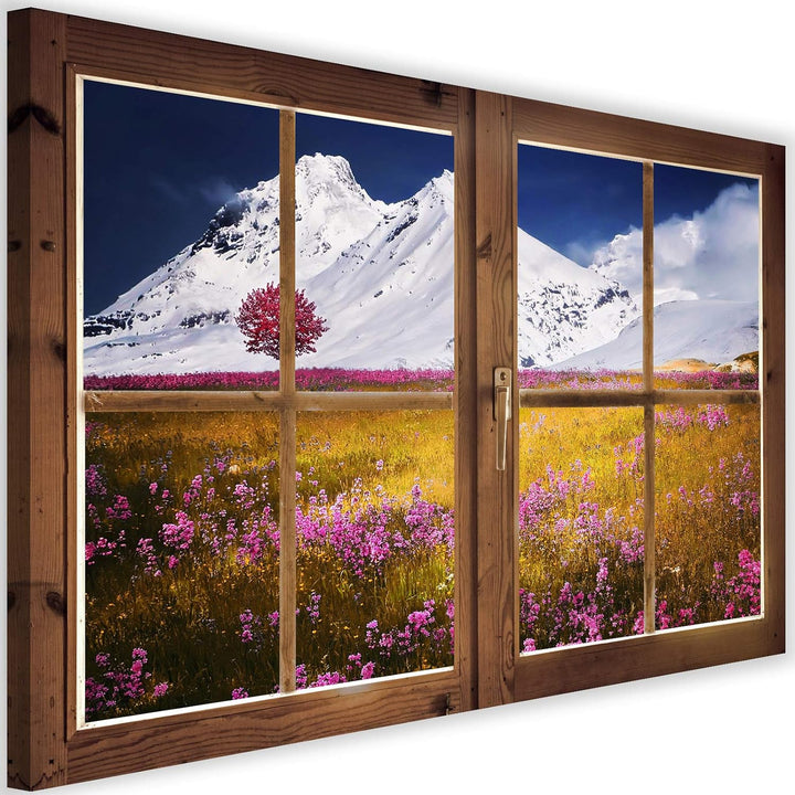 Feeby Vlies Leinwandbild Bergspitzen Auf Einem Wiesenhintergrund Baum 90x60 cm Druckbild Wandbild Wa