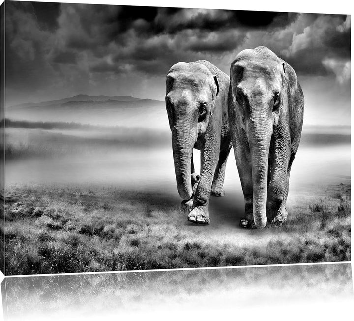 Pixxprint Elefanten in Steppe als Leinwandbild/Grösse: 100x70 / Wandbild/Kunstdruck/fertig bespannt,