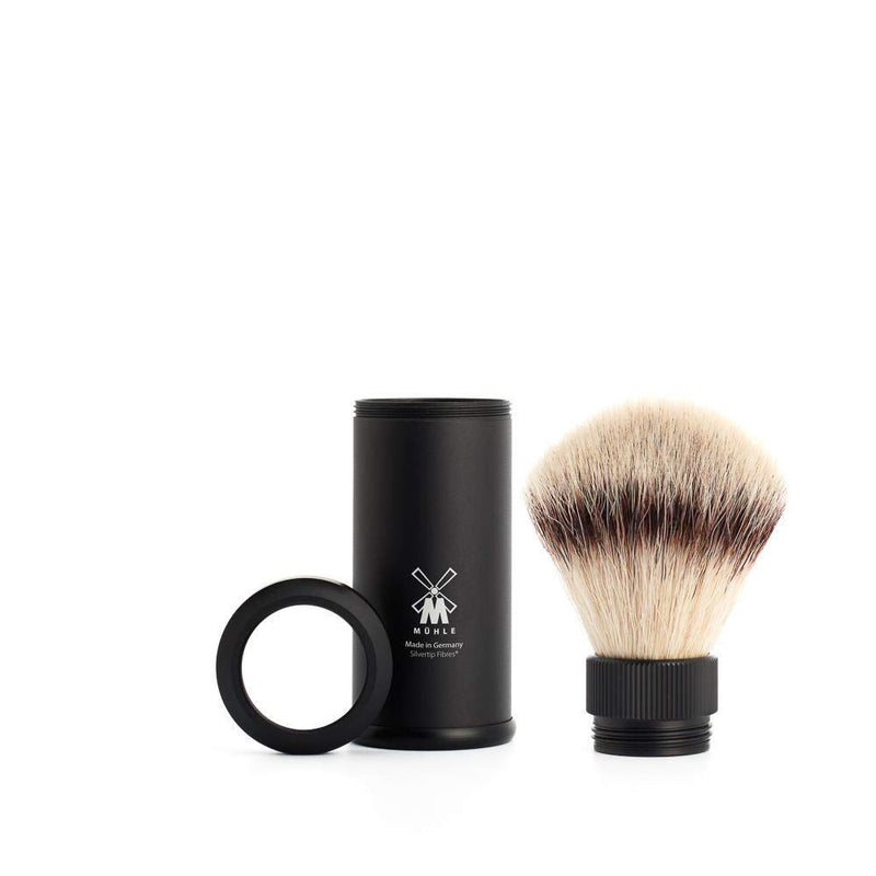 MÜHLE Travel Reiserasierpinsel - Silvertip Fibre Rasurpinsel - Griff aus schwarzem, eloxiertem Alumi