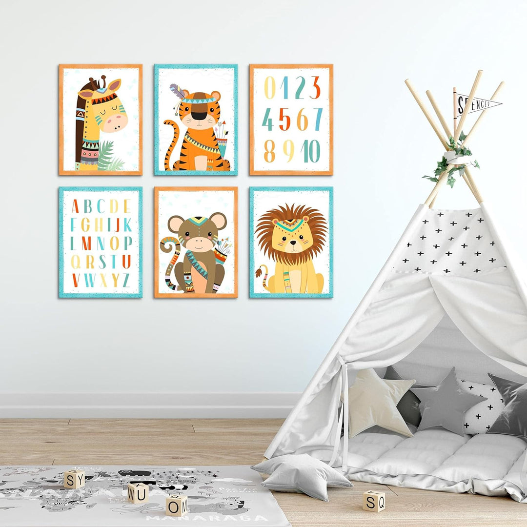 FERTIG ZUM AUFHÄNGEN Wandbilder Set - Babyzimmer Junge Mädchen - Kinderzimmer Poster Tiere - Indiane