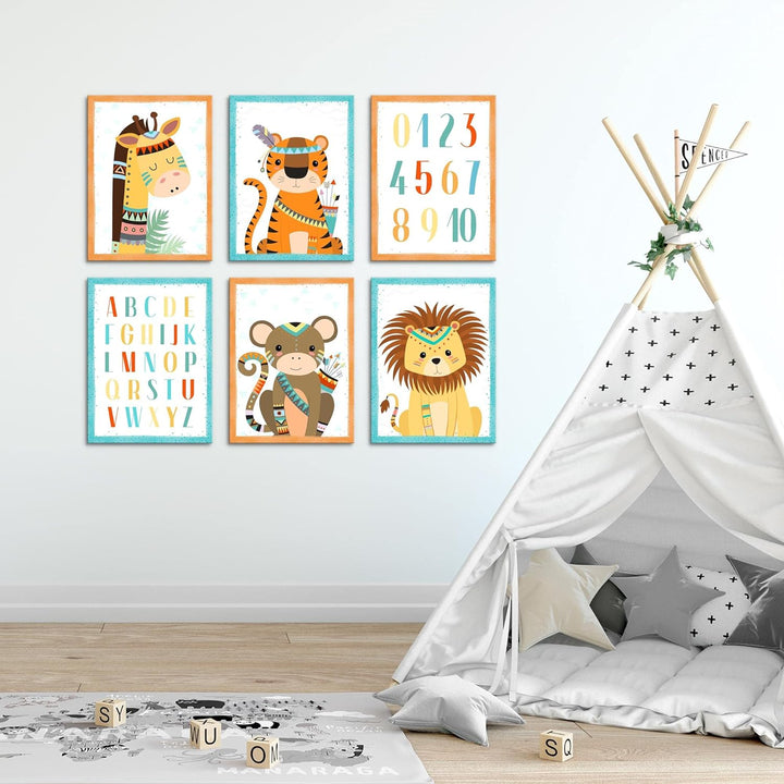 FERTIG ZUM AUFHÄNGEN Wandbilder Set - Babyzimmer Junge Mädchen - Kinderzimmer Poster Tiere - Indiane