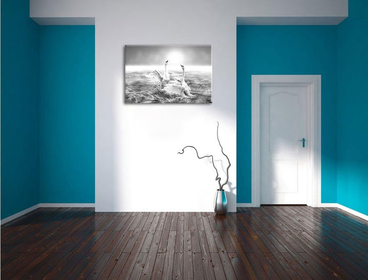 Pixxprint anmutige Schwäne Spritzen in den Wellen des Meeres Kunst B&W, Format: 100x70 auf Leinwand,