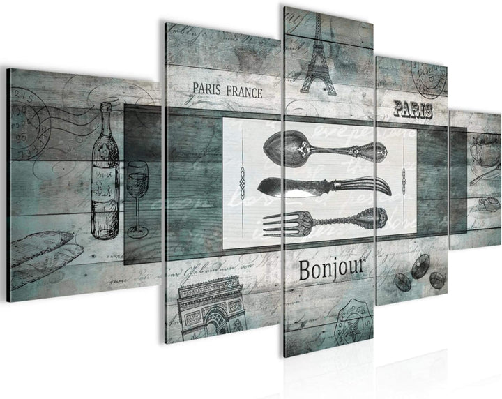 Runa Art Bild Esszimmer Küchenbilder Küche Holz 5 Teilig Vintage Besteck Türkis Wandbilder auf Vlies