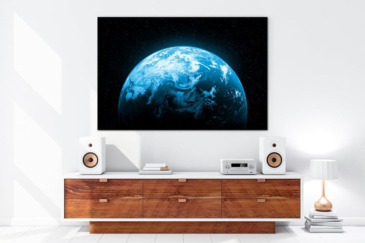 Planet Erde Format: 80x60 cm Effekt: Monocrome Blau als Leinwandbild, Motiv fertig gerahmt auf Echth