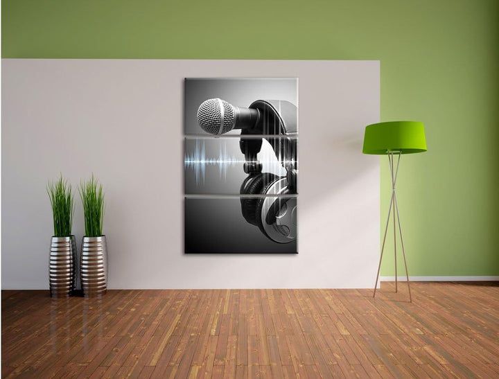 Pixxprint Mikrofon 3-Teiler Leinwandbild 120x80 Bild auf Leinwand