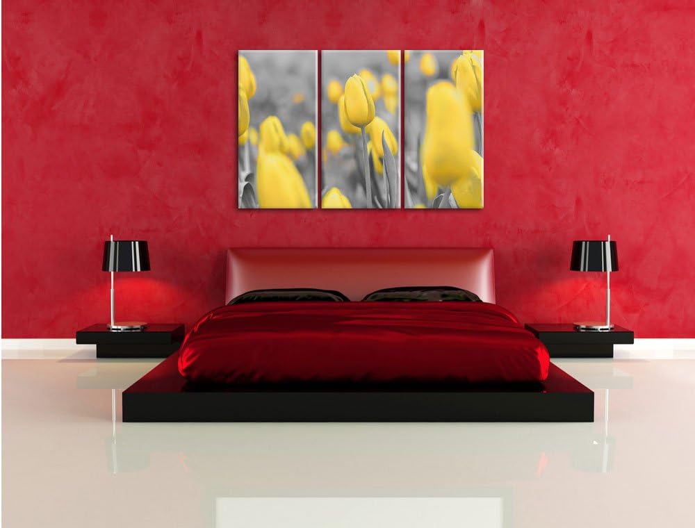 Pixxprint Gelbes Tulpenmeer schwarz/weiss 3-Teiler Leinwandbild 120x80 Bild auf Leinwand