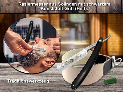 Rasiermesser Set mit Bartpflege Messer Schleifpaste aus Solingen und Extra breitem Abziehleder Strei