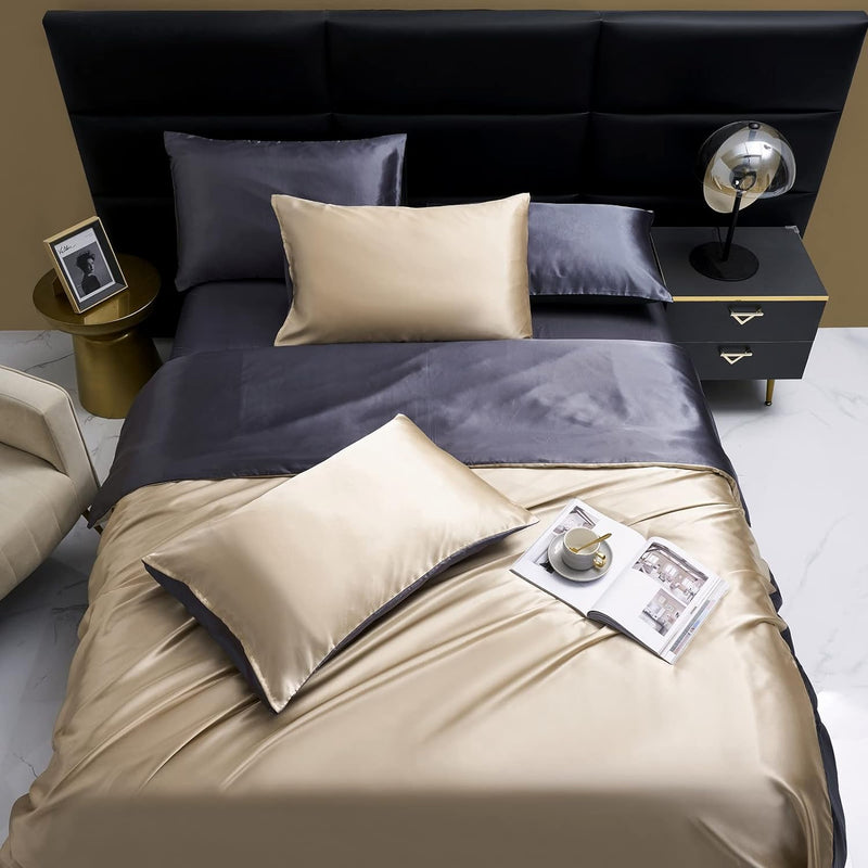 Bettwäsche Satin 200x220cm Glänzend Seiden Gold Braun Graue Bettwäsche Set Uni Bettbezug Doppelbett