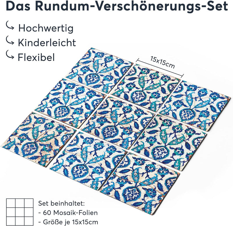 60 Stück Fliesenfolie für Küche und Bad 15x15 cm - Mosaikfliesen, Fliesensticker - selbstklebende Fl