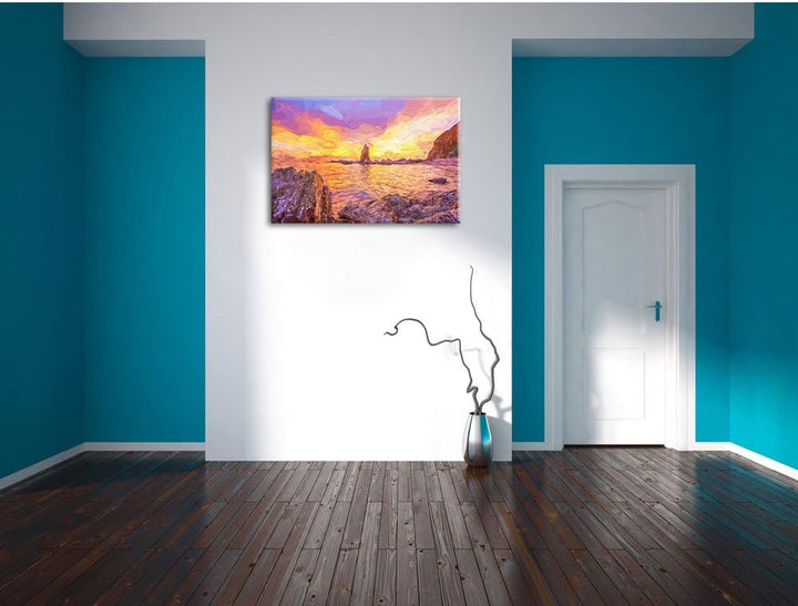 Pixxprint Küstenlinie mit schönen Sonnenuntergang Kunst Pinsel Effekt, Format: 100x70 auf Leinwand,