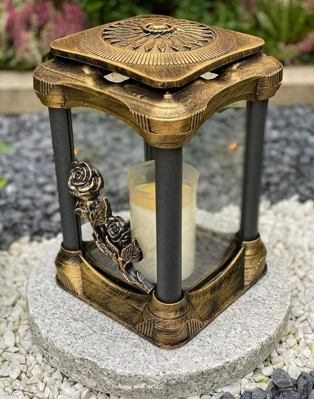 Grablampe Handmade NEU Rose-Motiv Grablicht Grabkerze Grabdekoration Grabschmuck Gartenlampe incl.Gr