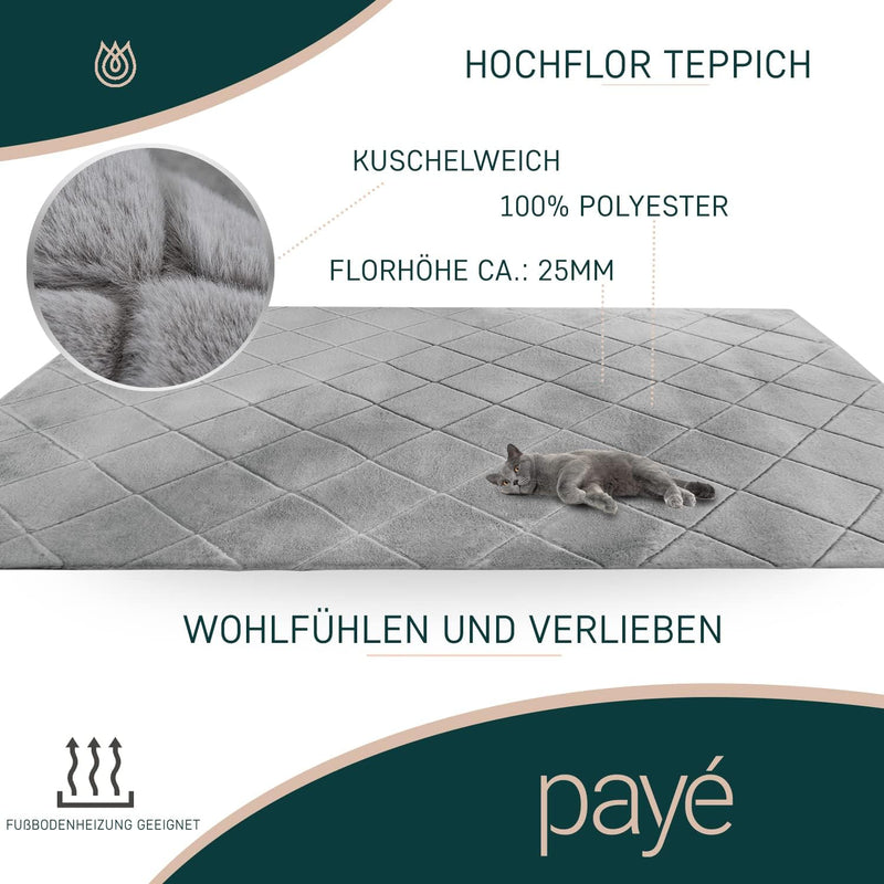 payé Teppich - Wohnzimmer Kuschwelweich 80x150cm Grau Silber Flauschig Karo Muster Modern Deko Teppi