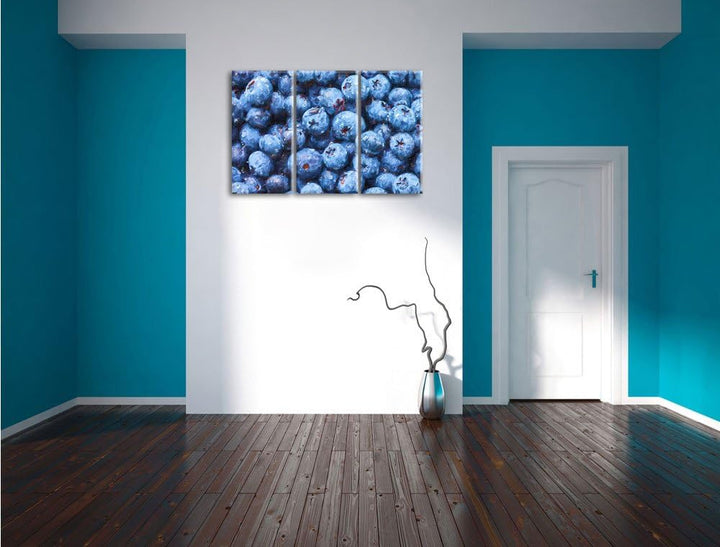 Pixxprint Blaubeeren mit Wassertropfen Kunst Pinsel Effekt 3-Teiler Leinwandbild 120x80 Bild auf Lei