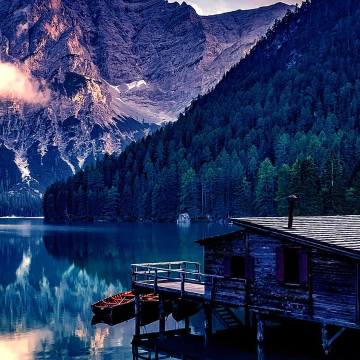 Bilder Berge 200x100 cm - Leinwandbild 5 Teilig XXL Kunstdruck Hütte See blau Leinwandbild XXL 200x1