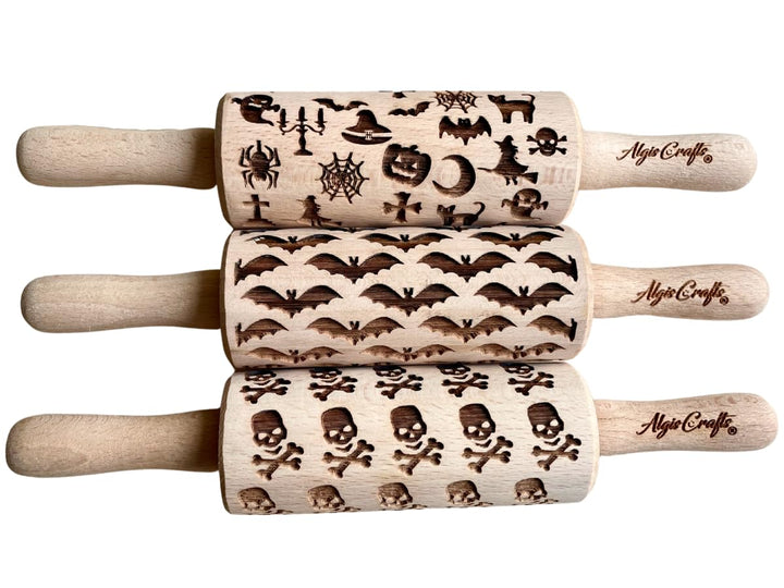 3-er SET Kinder Nudelhölzer HALLOWEEN. Teigrolle für hausgemachtes Gebäck. Halloween Teigrolle. Grav