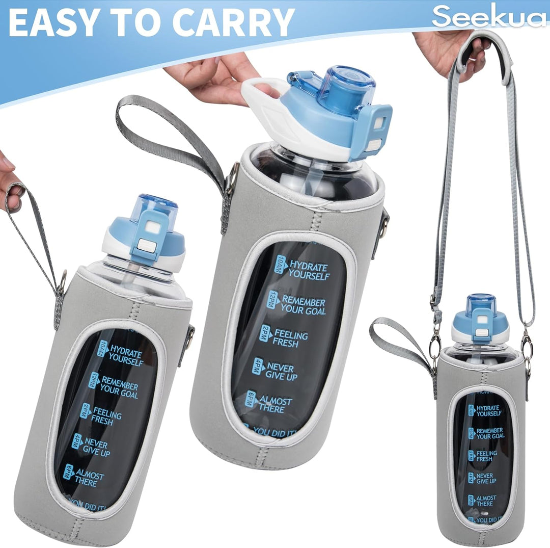 Seekua 2l Sport Trinkflasche Glas Flasche mit Strohhalm & Zeitmarkierung auslaufsicher bpa frei 2 li