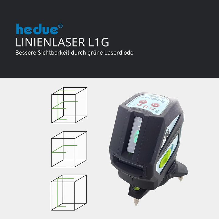 hedue® Linienlaser L1G - Kreuzlinienlaser selbstnivellierend mit grünen Laserlinien, Kreuzlaser Nive