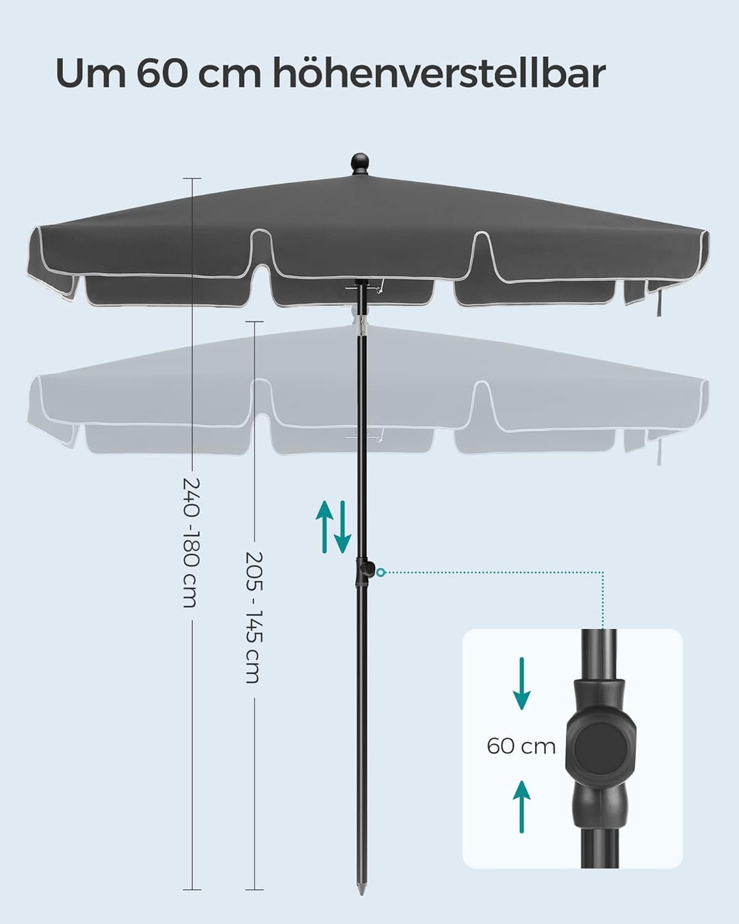SONGMICS Sonnenschirm 180 x 125 cm, Sonnenschutz UPF 50+, neigbar um 30° in 2 Richtungen, höhenverst