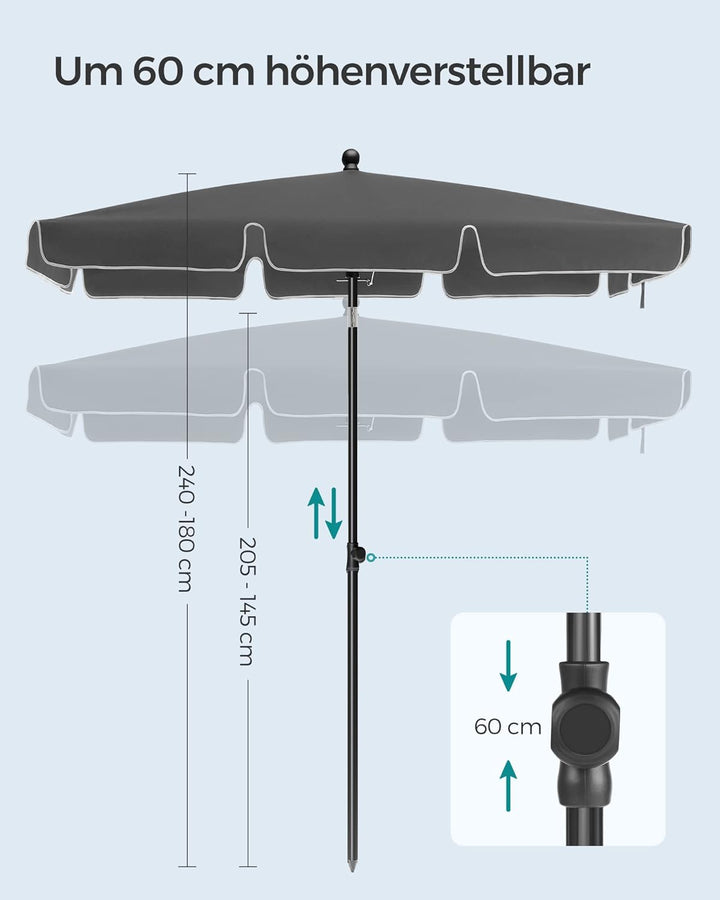 SONGMICS Sonnenschirm 180 x 125 cm, Sonnenschutz UPF 50+, neigbar um 30° in 2 Richtungen, höhenverst