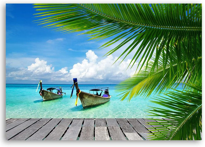 Feeby Vlies Leinwandbild Stege Meer Strand Himmel 90x60 cm Druckbild Wandbild Wanddekoration Deko Wa