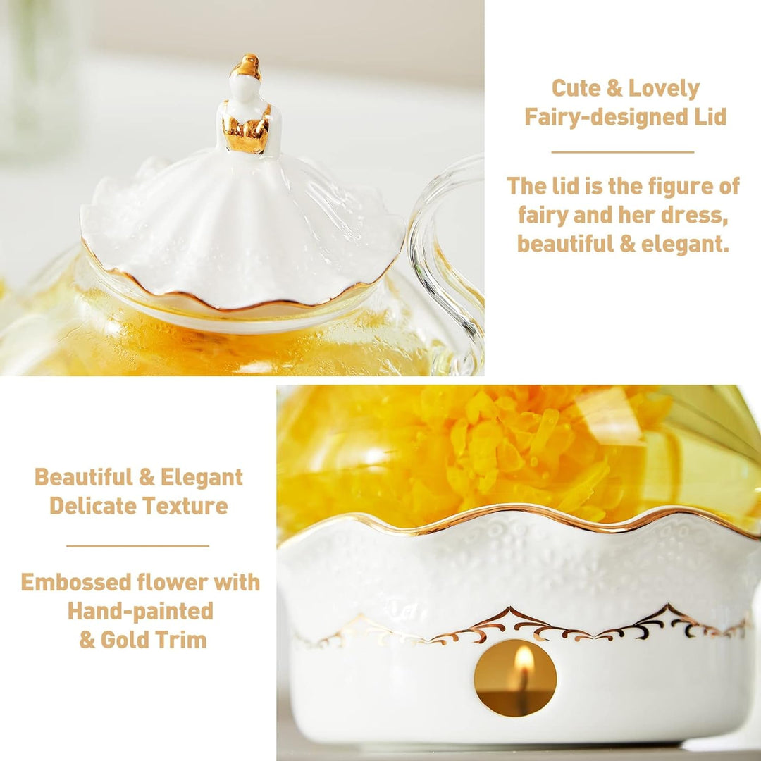 DUJUST Teekannen mit Stövchen Set, Luxuriöses Britisches Design mit Reliefdekor und Goldverzierungen