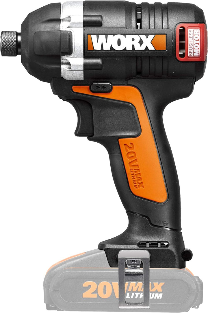 WORX WX292.9 Akku Schlagbohrschrauber 20V - mit bürstenlosen Motor - mit Gürtelclip, Bithalter & int