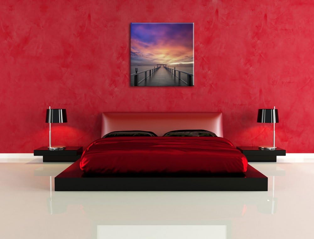 Pixxprint Endloser Steg ins Meer im Sonnenuntergang Schwarz/Weiss, Format: 70x70 auf Leinwand, 70x70