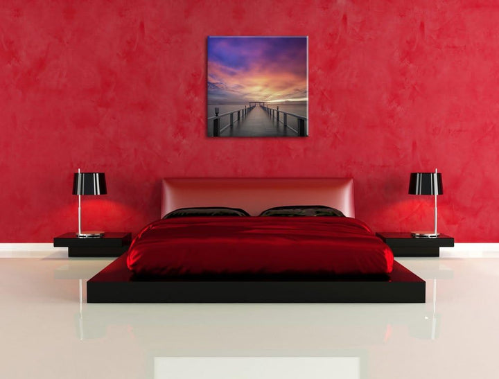Pixxprint Endloser Steg ins Meer im Sonnenuntergang Schwarz/Weiss, Format: 70x70 auf Leinwand, 70x70