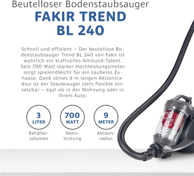 Fakir BL 240 Trend - Premium Staubsauger beutellos, Staubsauger HEPA 13, Langes Kabel und sehr stark