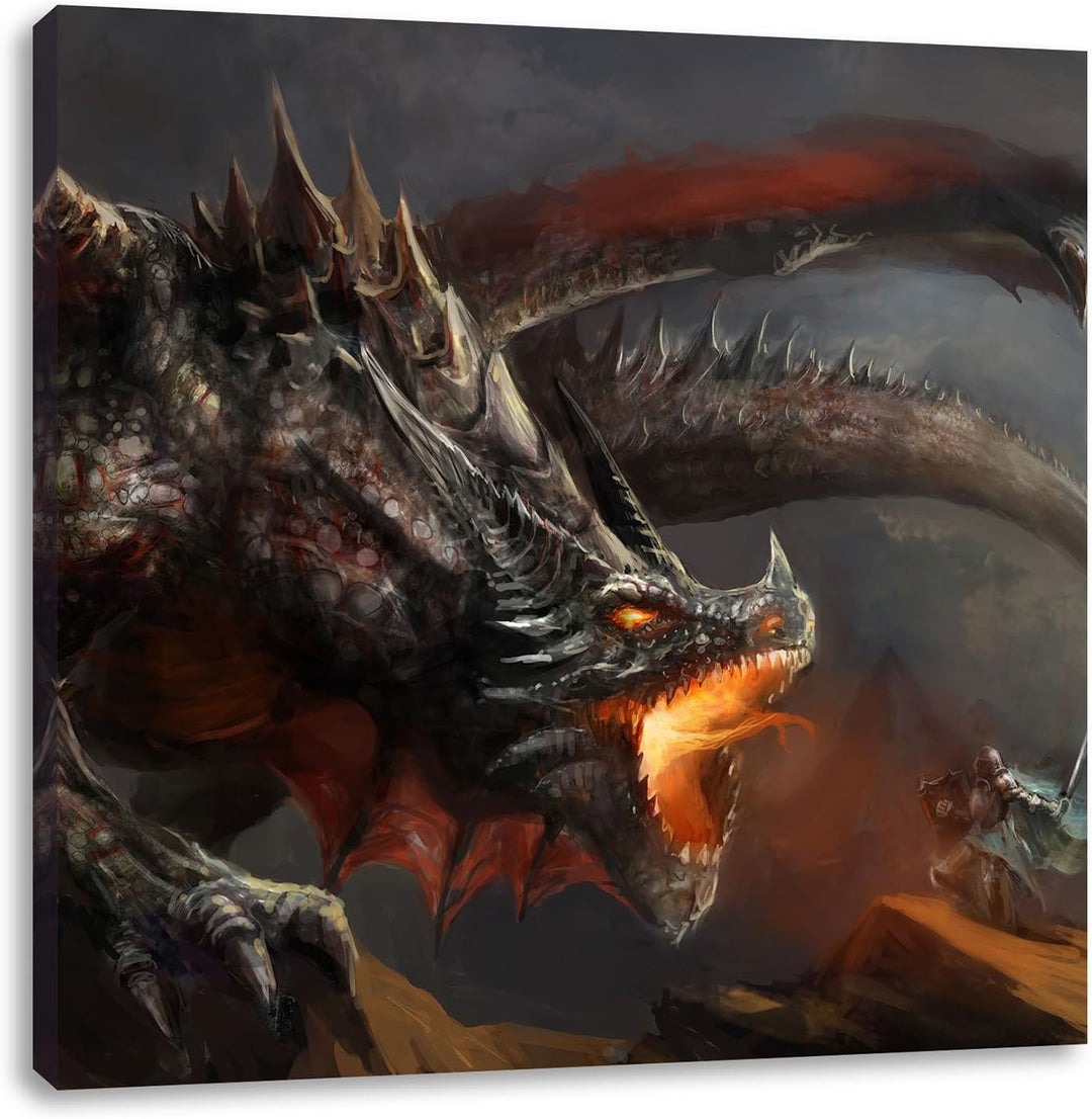 Pixxprint Kampf zwischen Mensch und Drache als Leinwandbild Quadratisch/Grösse: 70x70 / Wandbild/Kun
